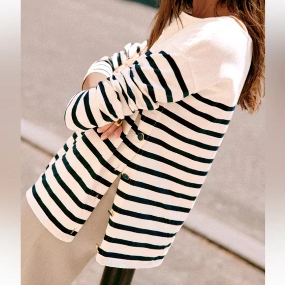 Sezane Navy and Cream Striped Long-Sleeve Button-Side Top - Picture 9 of 16